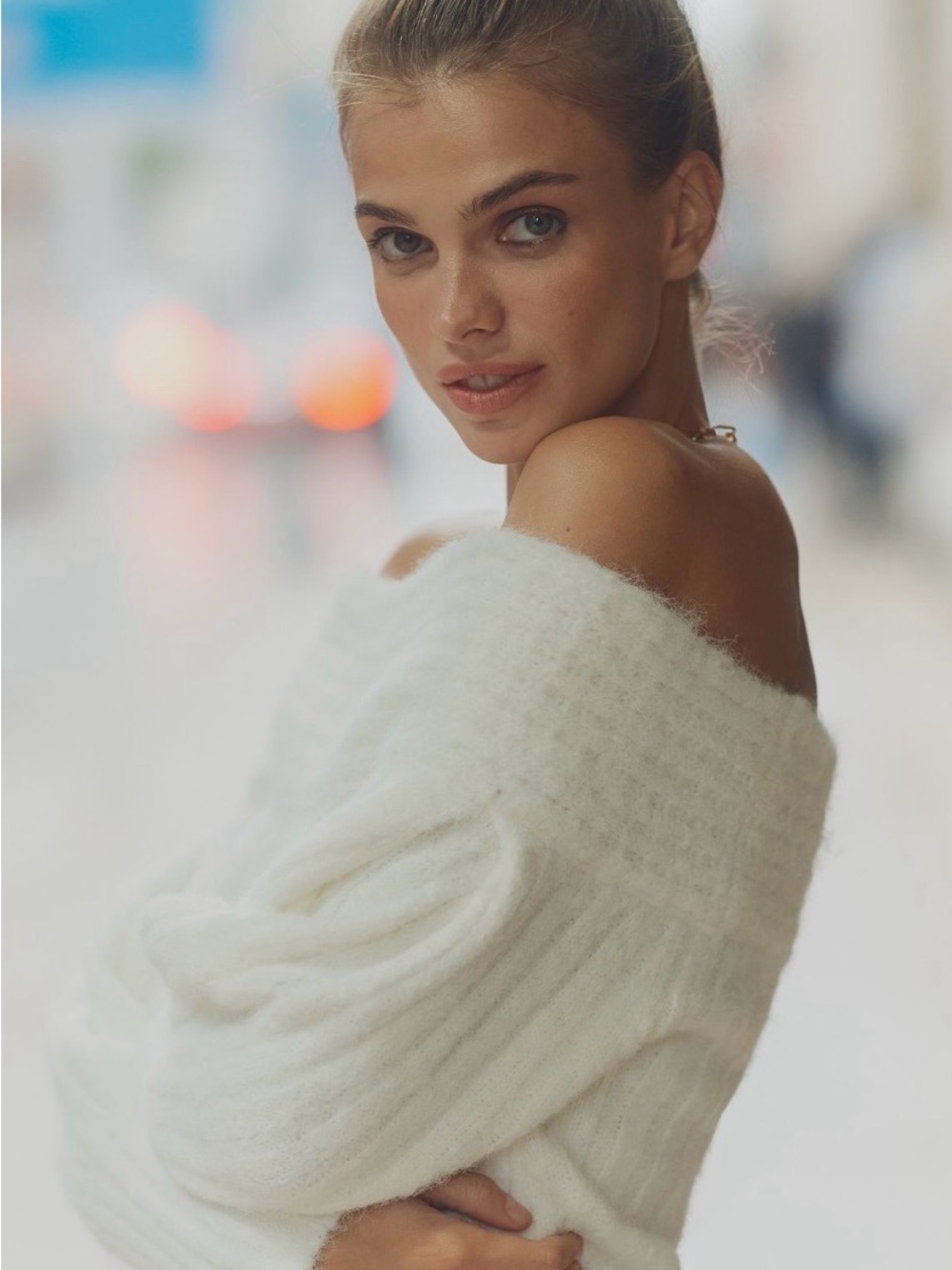 Pilcro Cream Off-the-Shoulder Batwing Fuzzy Knit Sweater